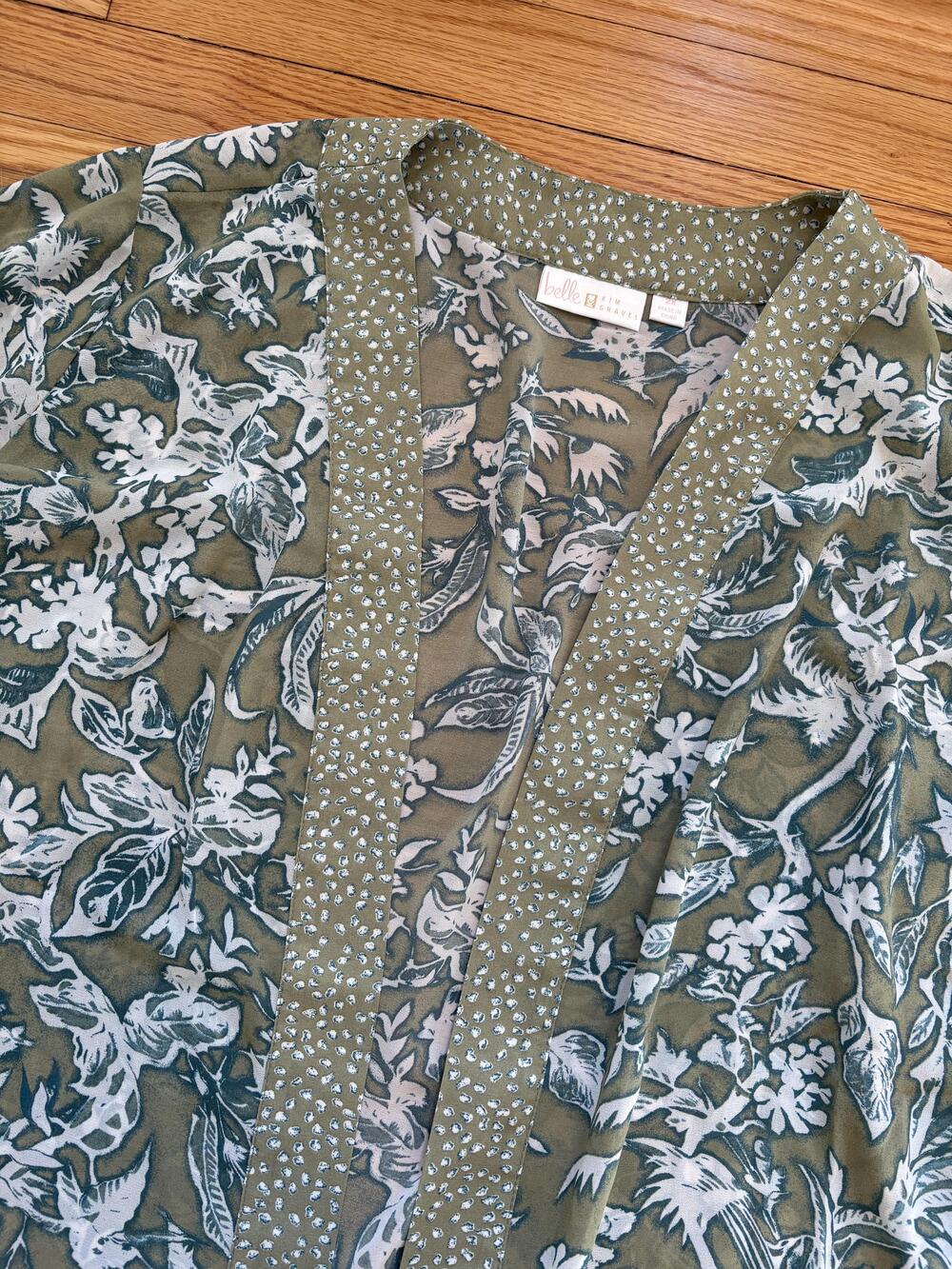 Belle Kim Gravel Kimono Cardigan Womens 2XL Green Floral Sheer Wrap Tie Front